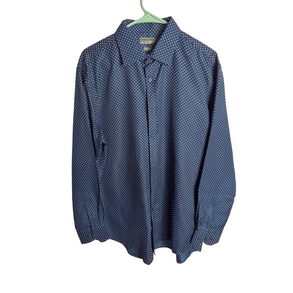 Black Label Ruffini‎ Button Down Shirt L 16-16.5 Navy Blue Polka Dot Slim Fit